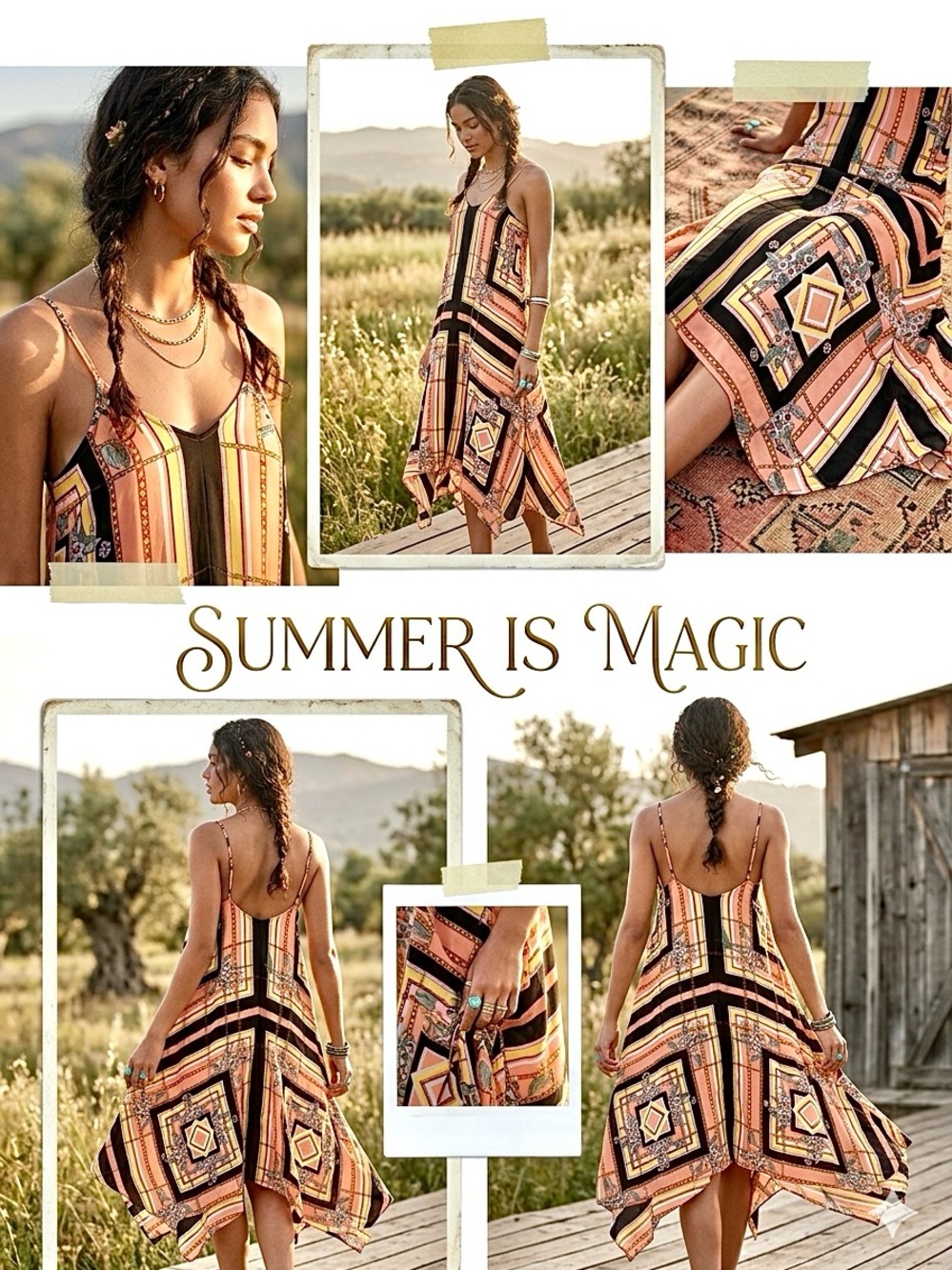 Hippy handkerchief style boho dress w resort vacay beach vibe